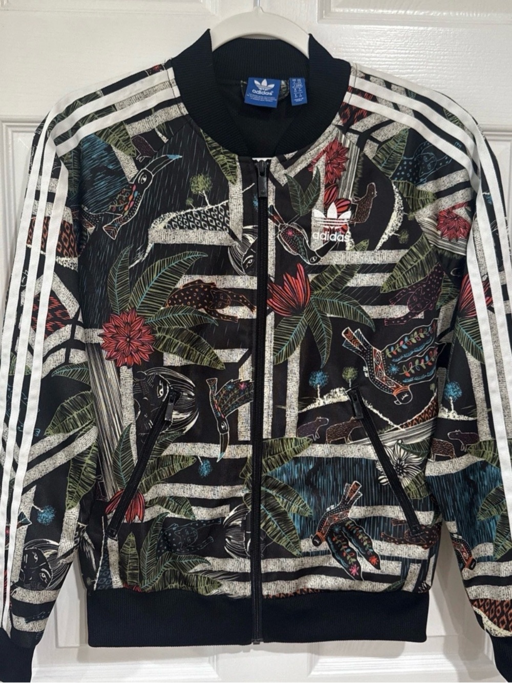 Adidas XS Full Zip Three Stripes Logo Jacket Black Tropical Print Mesh Lining